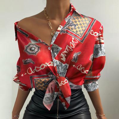 China Stain anti-pilling loose lantern top digital printing long-sleeved shirt 2022 new loose lapel large size long-sleeved ladies for sale