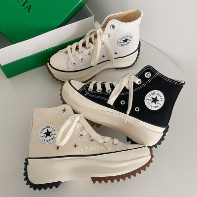 China Cushioning Couples Autumn And Winter Heightened Chiffon Black And White Thick-soled High Top Casual White Canvas Shoes for sale