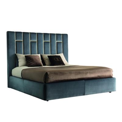 China Soft And Warm Luxury Bedroom Furniture King Size Gold Metal Wood Frame Dark Blue Bed for sale