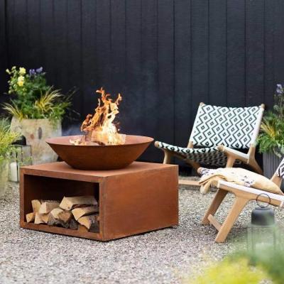 China Factory direct sale stocked outdoor party barbecue rusty corten steel fire pits with log store for sale