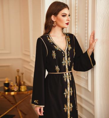 China 2022 New Muslim Arabic V-neck Ramadan Eid Maxi Dress For Women Modest Turkey Dubai Polyester Long Sleeve Jalabiya for sale