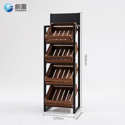 China Customizable Supermarket Orchard Single Sided Wooden Steel Trash Bin Shelves Fruit And Vegetable Product Display Rack for sale