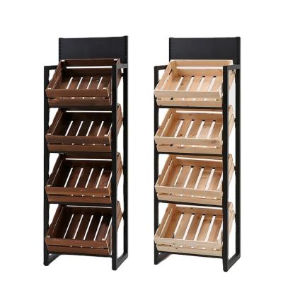 China Single Sided Modern Shopping Market Space Saving Factory Price Fruit Vegetable Storage Display Rack Wooden Rack for sale