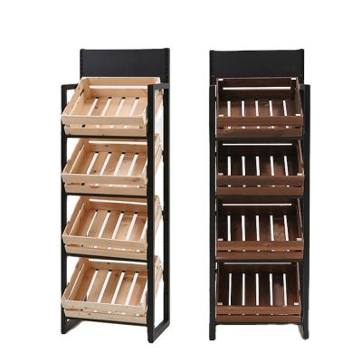 China Supermarket retail store fruit and vegetable display stand single sided wooden shelf shelves rack for design for sale