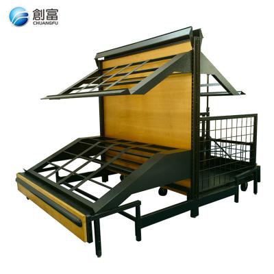 China Single-Sided Modern Metal Shop Display Stand Supermarket Food Fruit Vegetable Storage Wooden Rack for sale