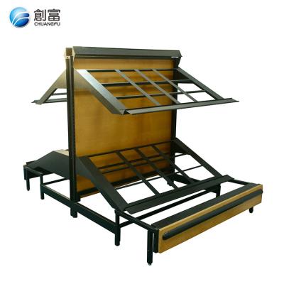 China Single Sided Wooden Food Fruit Vegetable Storage Metal Display Stand 3 Tier Supermarket Store Steel Rack for sale