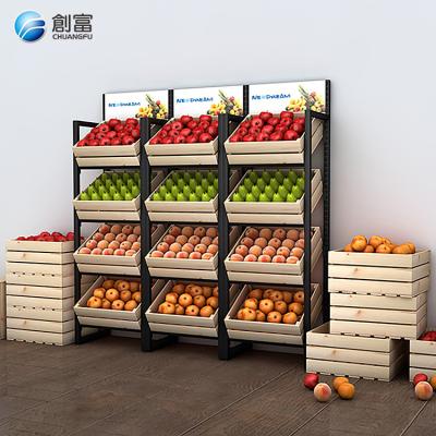 China Single Sided Modern Shopping Market Space Saving Factory Price Fruit Vegetable Storage Display Rack Wooden Rack for sale