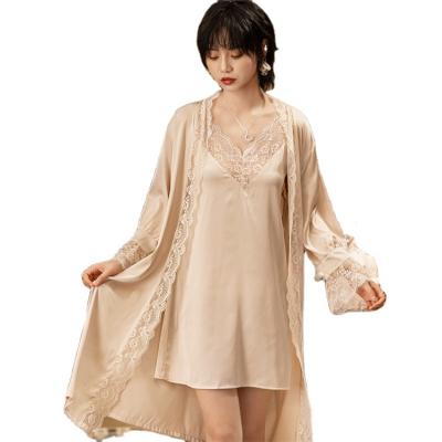 China Breathable Loungewear Lace Up Satin 2 Piece Womens Pajamas Robe Sets For Women for sale