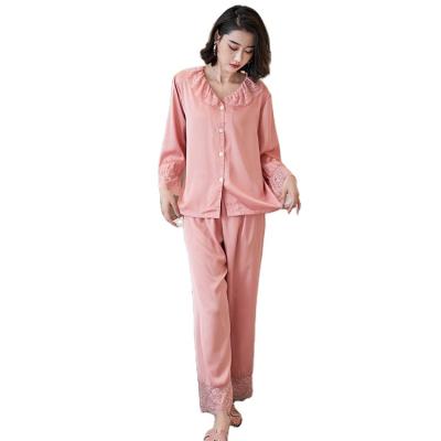 China Custom Luxury Satin Sleeve Silk Top Breathable Long And Pants Two Piece Women Pajamas Set for sale