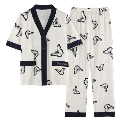 China Wholesale Breathable Summer Shorts Sheath V Neck Women Sleepwear Butterflies Printing Polyester Cotton Pajamas Sets for sale