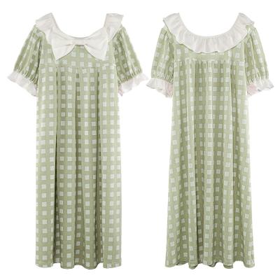 China Hot-selling Breathable Ladies Summer Nightgown Large Green And White Dress Cotton Terylene Bow Check Nightgown for sale