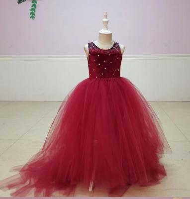 China Anti-wrinkle Red Color Puffy Long Sleeve Lace Up Tulle Dress For Girls Party Performance Dance Tutu Skirt Gauze Birthday Dress With Tow for sale