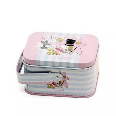 China Lovely Small Food Rectangle Metal Tinplate Gift Packaging Cute Candy Tin Box With Handle for sale