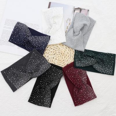 China Stretch Sport Hairwraps Wide Diamond Twisted Headband Solid Rhinestone Hot Fabric Headbands for sale