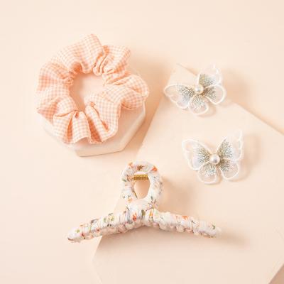 China 4pcs/set New Design Clear and Natural Floral Print Hair Sling Checkerboard Hair Tie and Butterfly Clip Hair Accessories Set for sale