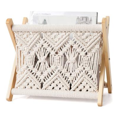 China High Quality Sustainable Boho Cotton Rope Magazine Rack Handmade Newspaper Store Rack for sale