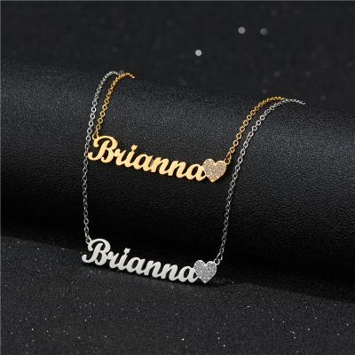 China Custom Made Necklace TRENDY Crystal Heart Necklaces Love Heart Rose Gold Plated Cursive Letter Name Necklace for sale