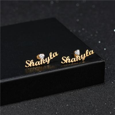 China Cute Personalized Stainless Steel Jewelry Gold Plated Diamond Trendy Minimalist Women Name Stud Earrings for sale