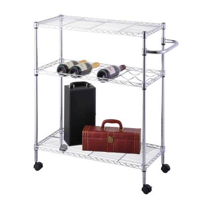 China Sustainable 3 Tier Rolling Cart Wine Rack Metal Storage Cart With Wheels for sale