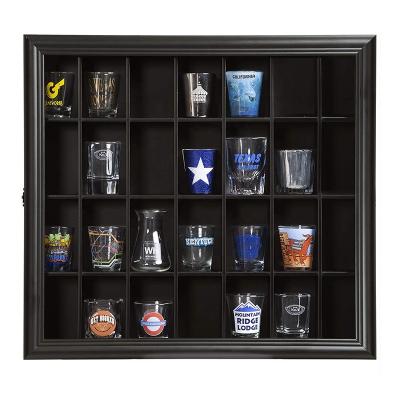 China (Size) OEM ODM Amazon Adjustable Hot Selling Black 16x18 Wooden Shot Glass Hinged Front Display Case Shot Glass Showcase for sale