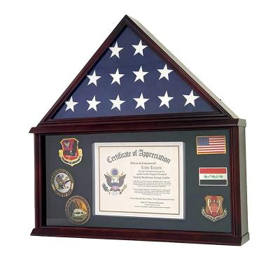 China American Hot Selling New Design Wooden Flag Display Box Custom Shaped Handmade Houses Shaped Flag Display Case for sale