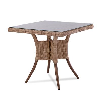 China Traditional Outdoor Glass Look Hotel Restaurant Furniture Wicker Woven Tables Glass Top Wooden Dining Tables for sale