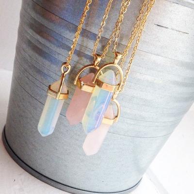 China Europe and America wholesale new pink high quality hot sale natural stone pendant Crystal Quartz Stone Pendant Necklace hexagonal pillar imitation for sale