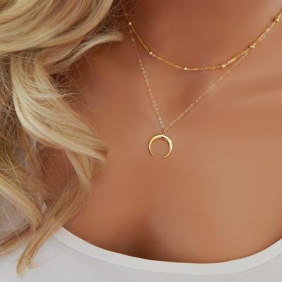 China Europe and America Alloy Jewelry Handmade Curved Moon Horn Pendant Necklace Layered Necklace For Women Gift for sale