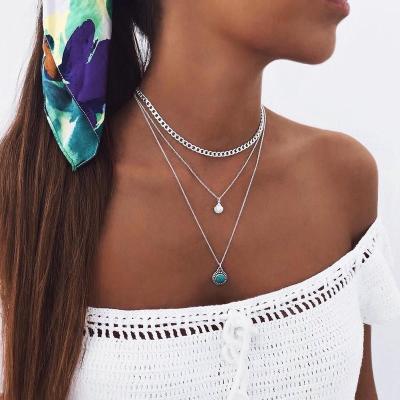 China Wholesale Europe and America simple fashion layered thin chain turquoise pendant necklace for women gift jewelry for sale