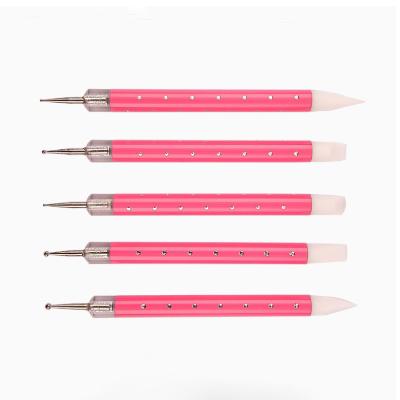 China Nail Brush Double Ended Red Glitter 5pcs Set Dotting Drills Handle Plastic Silicone Nail Brush for sale