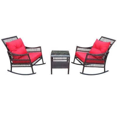 China Modern Outdoor Rattan Furniture Rattan Rocking Chair Relaxing Table Set Padded Rocking Bistro Set 3PC for sale