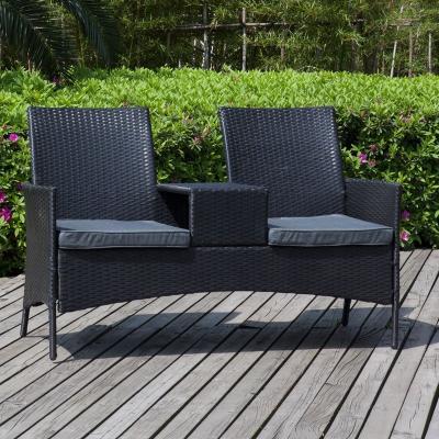 China Modern Rattan Garden Lover Chair Two Seats With Table Patio Bench Loveseat Lounge Conversation Set With Table for sale