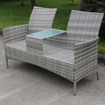 China Modern Rattan Garden Chair Cushion Table With Two Seats Patio Lover Chair Patio Rattan Conversation Set With Table for sale