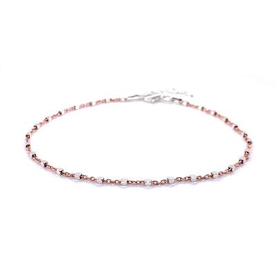 China Sterling Silver FASHIONABLE 0.4 Diamond Cut Silver+ Two Tone Rose Gold Anti-Tarnish Plated Cable+Bead Anklets for sale