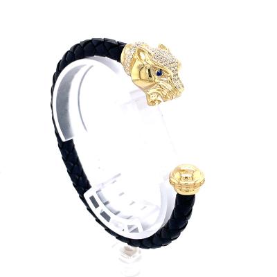 China Wholesale Zircon CLASSIC Latest 2021 Unisex Sterling Silver Genuine Navy Leather Leopard Cuff Bracelet for sale