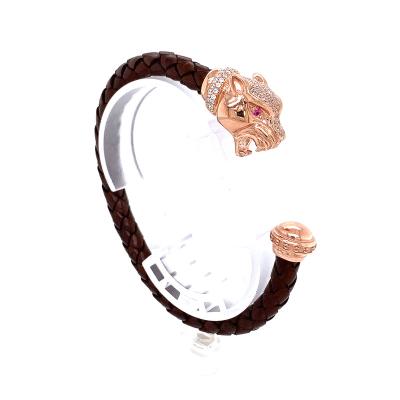 China CLASSIC Wholesale Zircon Latest 2021 Unisex Sterling Silver Genuine Leather Leopard Cuff Bracelet for sale