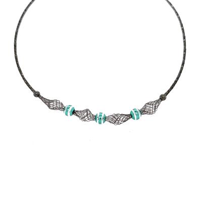 China Trendy Sterling Silver Mesh Necklace with Cataforesi Pearl Diamond Cut Ruthenium Plated Green Pearl for sale