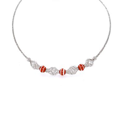 China Trendy Sterling Silver Mesh Necklace with Cataforesi Pearl Diamond Cut Rhodium Plated Red Pearl for sale