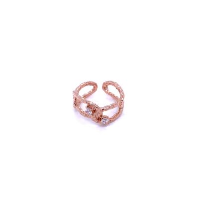 China Cute Sterling Silver Ring Hammered Links Pattern With Zircon Open Leg Adjustable Size Rose Gold Plated for sale