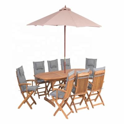 China Outdoor Weather Outdoor Furniture Garden Acacia Wood Dining Table 8 Chairs Set Umbrella Gray Cushions for sale