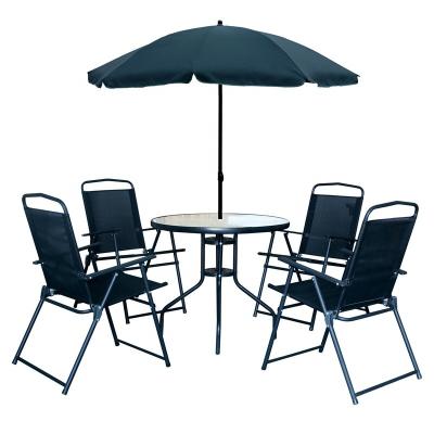 China Modern 6PC GARDEN FURNITURE SET AROUND GLASS TABLE and 4 FOLDING CHAIRS and TILT UMBRELLAS for sale