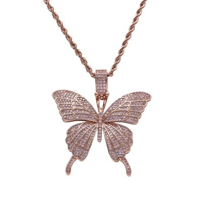 China Hiphop Small Butterfly Pendant Zirconia Necklace Hip Hop Jewelry Brass Pendant for sale