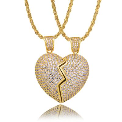 China 2021 New Hiphop Zircon Half Broken Heart Splicing Pendant Necklace Hip Hop Pendant for sale