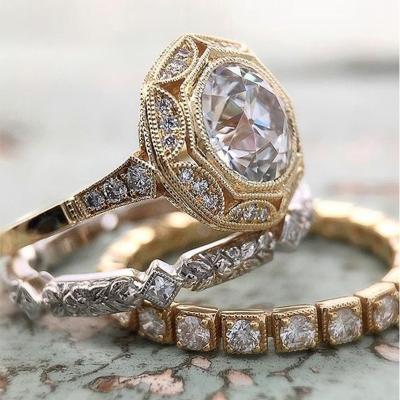 China Three Piece Set Ring Diamond Gold Look Exquisite Zircon Geometry Ring Large Filled Ring for sale