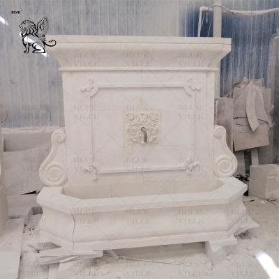 China Beige Marble Wall Water Fountain Outdoor Large Stone Fountains Hand Carved Villa Garden Decoration for sale