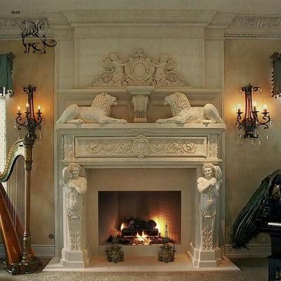 China Large Marble Modern Fireplace 2 Tier Lions Fireplace Mantel Luxury Home Decoration Custom European Style en venta