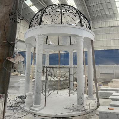 China Marble Round Gazebo Waterproof Iron Dome Natural White Stone Pillar Pavilion Handcarved Large Outdoor Custom for sale