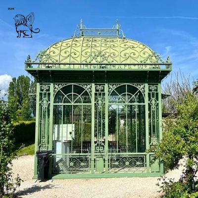 China Sunrooms Glass Houses Wrought Iron Green Metal Gazebo Multipurpose Large Garden Customized factory for sale