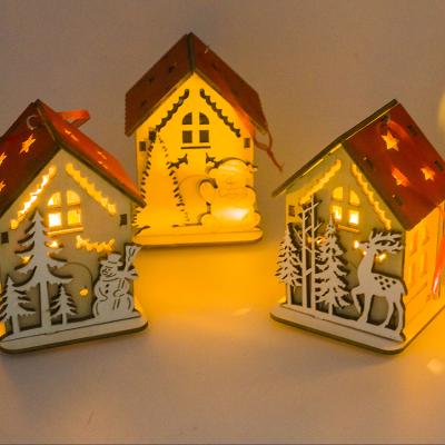 China Christmas Deoration Christmas Gift Handmade Mini Tree Pendant Craft Warm White Led Wooden Home Decoration for sale