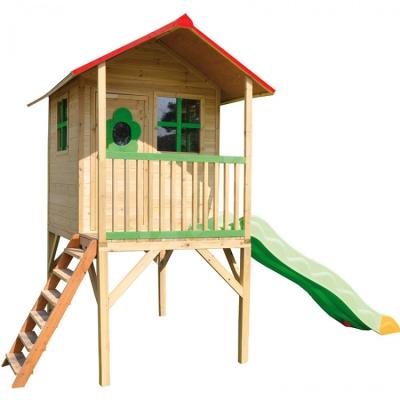 China Easily Assembled Big Game Hunters Chestnut Tower Painted Wooden Playhouse With Slide for sale